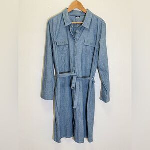 Basic Editions - Belted Denim Polka Dot Shirt Dress Long Sleeve  - size L